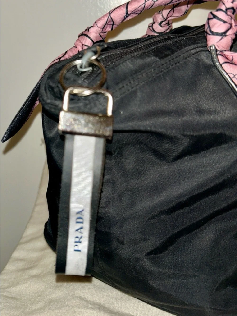 Prada Black Nylon Tote with Pink Scarf-Detail Handles - Picture 10 of 12